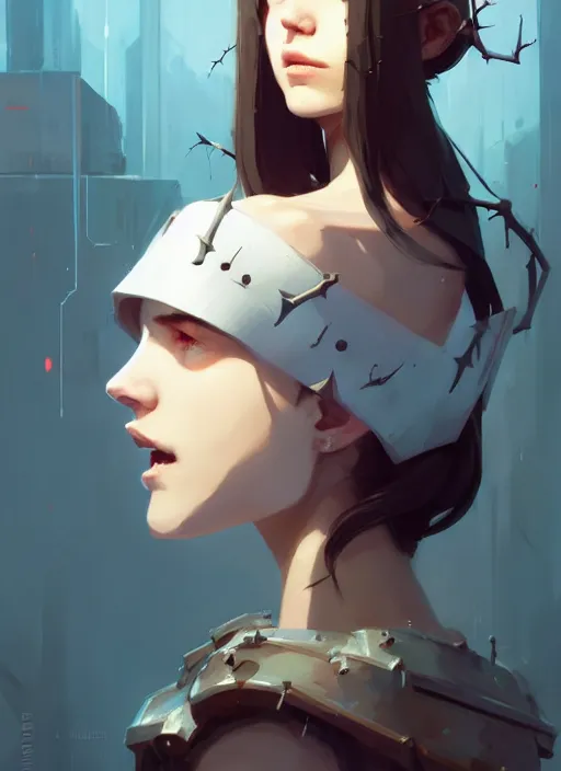 Image similar to portrait of cute maiden girl with crown of thorns and white short hairs, warhammer, cyberpunk, by atey ghailan, by greg rutkowski, by greg tocchini, by james gilleard, by joe gb fenton, by kaethe butcher, dynamic lighting, gradient light blue, brown, blonde cream and white color in scheme, grunge aesthetic