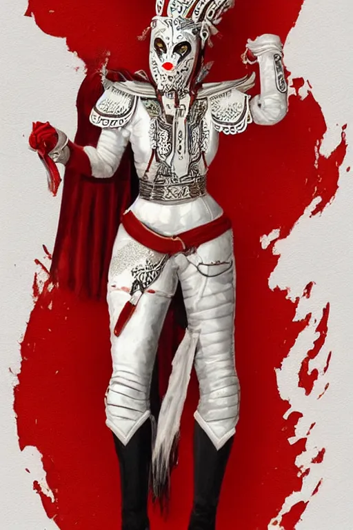 Image similar to female adventurer in tight full - body white embroidered leather armor of vyshyvanka design with red accents and a red porcelain crow mask, trending in artstation, ukrainian, establishing shot