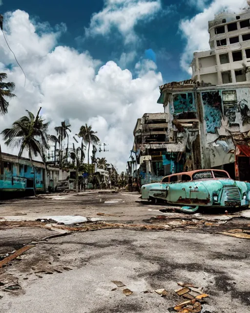 Image similar to wide angle shot of dilapidated fallout 5 miami, tropical coastal city in real life, desolate, dilapidated, empty streets, some rusted retro futuristic vintage styled parked vehicles like cars, buses, trucks, trams, sunny weather, few clouds, volumetric lighting, photorealistic, daytime, spring, sharp focus, ultra detailed,