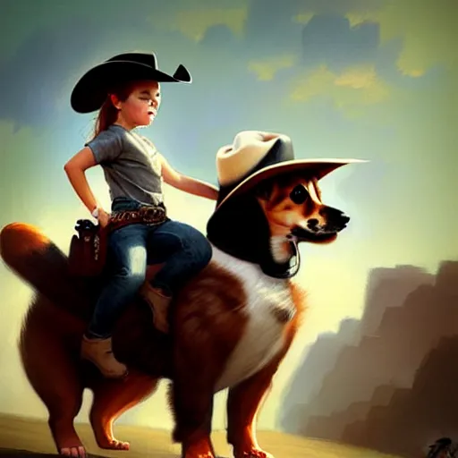 Image similar to tiny cat girl in cowboy hat riding on the back of a giant corgi by greg rutkowski