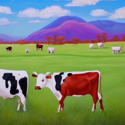 Prompt: naive painting page, cows on a field, mountains, award - winning, trending on artstation, 8 k