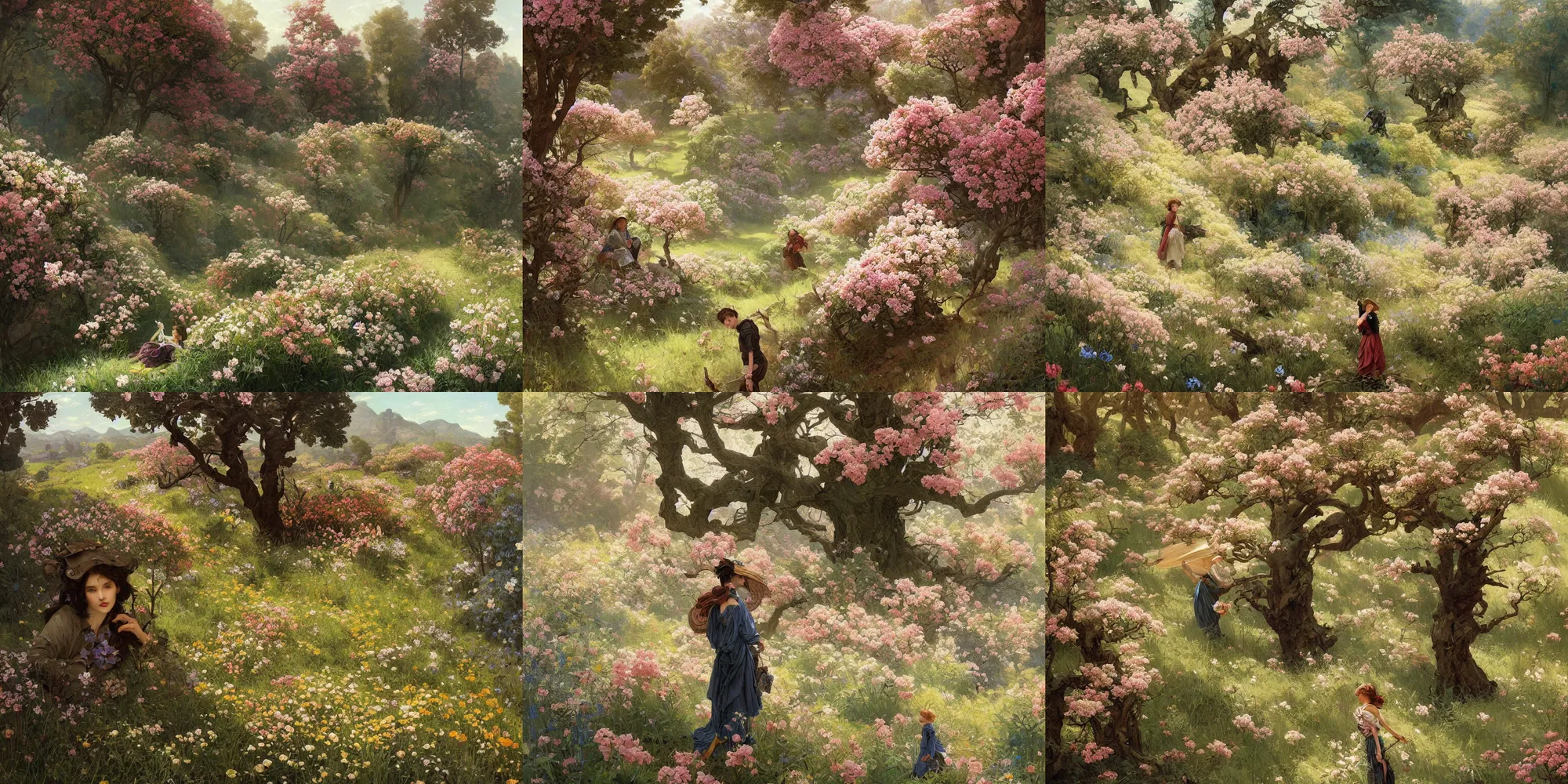 Prompt: a valley full of tree in flowers. wind blow petals. full - length, oil painting in a modern style, very detailed, painted by caravaggio, greg rutkowski, sachin teng, thomas kindkade, alphonse mucha, norman rockwell, tom bagshaw.