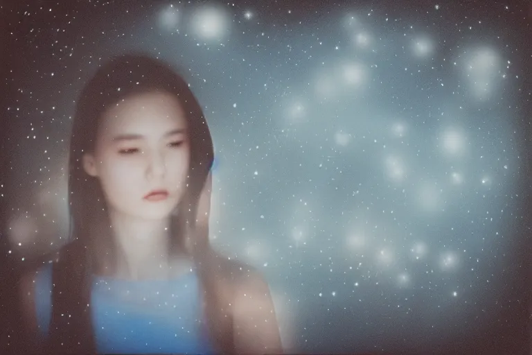 Image similar to blured shadow of sleepy young woman on white light, focused background blue night sky with stars, blossom sakura, polaroid photo