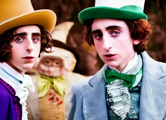 Image similar to film still of 26 year old Timothée Chalamet age 26 26 years old age 26 as Willy Wonka in new Willy Wonka movie, 4k