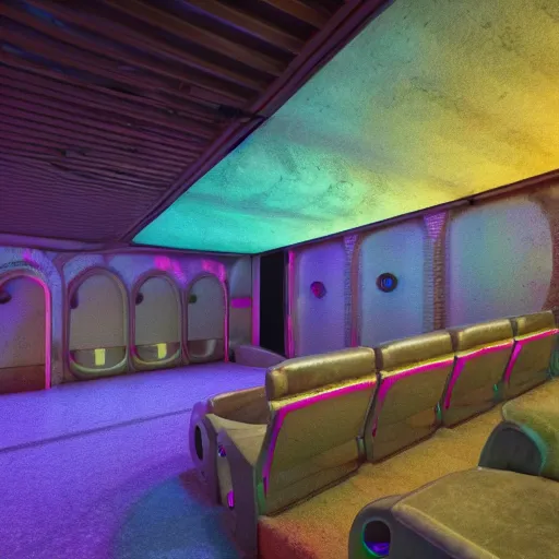 Image similar to underground cinema, realistic architecture, colorfull lights, octane render, 4k, 8k