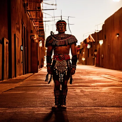 Image similar to empty street, aztec warrior, portrait, at night, by addy campbell, cinematography by quetzalcoatl