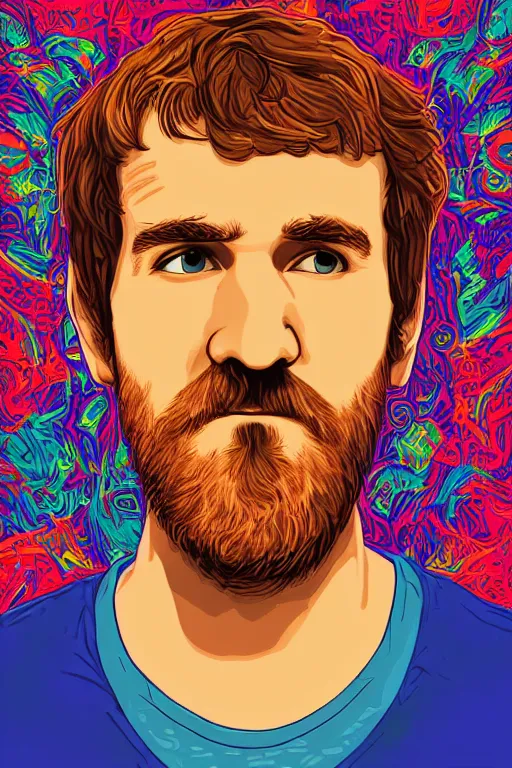 Prompt: inspirational style hope poster of bo burnham with beard, psychedelic colors, highly detailed, realistic, loving, portrait by james gurney and laurie greasley