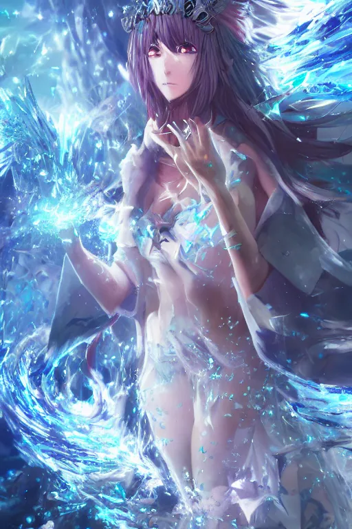 Prompt: anime sorceress surrounded by ice fractals while chanting a magical spell, anime fight, wlop, concept art, digital painting, trending on artstation, highly detailed, epic composition, 8 k uhd