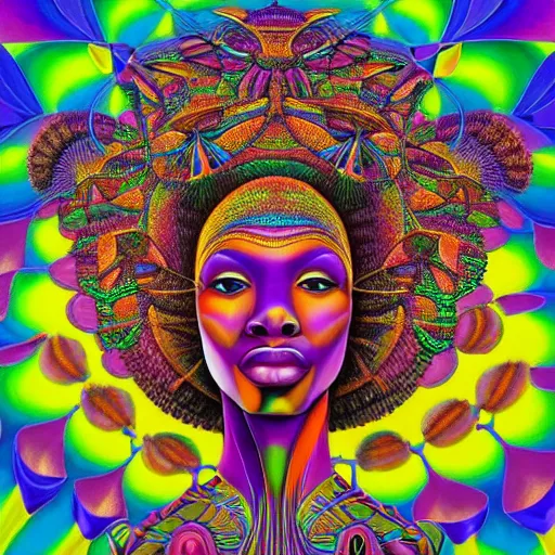 Image similar to a regal and heroic african queen with a colorful afro sitting in a cabana near a large steampunk pyramid near a pink river with a large glowing baobab tree, by amanda sage and alex grey and evgeni gordiets in a surreal psychedelic style, symmetrical, detailed eyes, oil on canvas 8k, hd