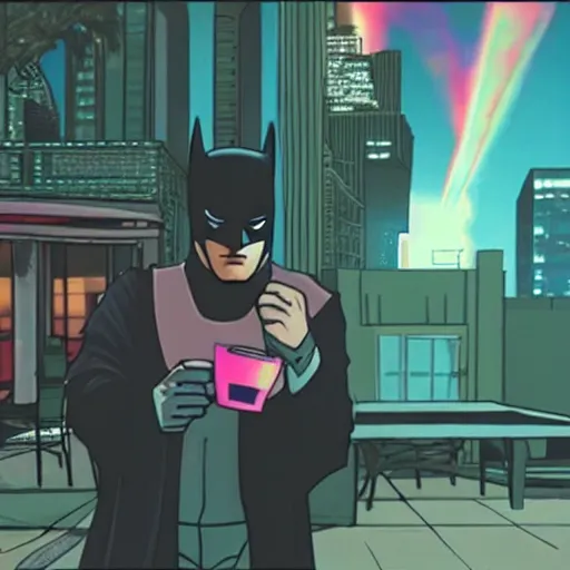 Image similar to movie still of batman drinking tea, vaporwave