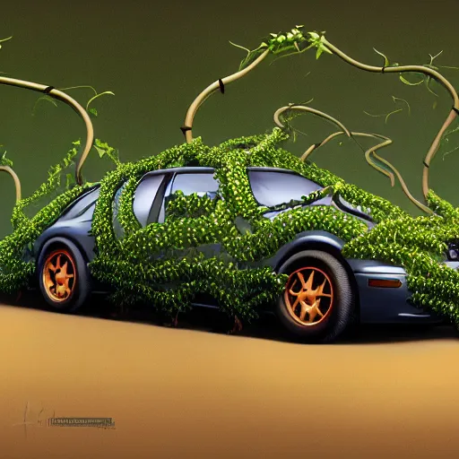 Prompt: a car wrapped in vines around the center, heonhwa choe, realistic, artstation, hd