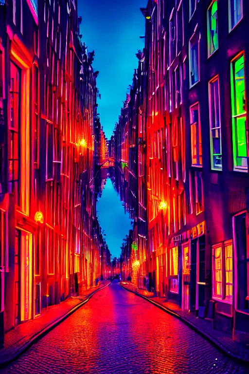 Image similar to neon streets of amsterdam, 4 k, award winning photo, cyberpunk style