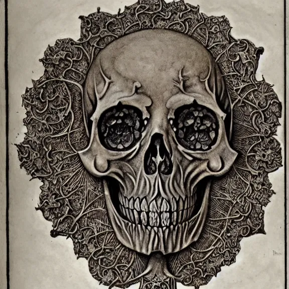 Image similar to memento mori by arthur rackham, art forms of nature by ernst haeckel, exquisitely detailed, art nouveau, gothic, ornately carved beautiful skull dominant, intricately carved antique bone, art nouveau botanicals, ornamental bone carvings, art forms of nature by ernst haeckel, horizontal symmetry, arthur rackham, ernst haeckel, symbolist, visionary