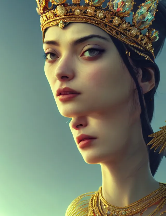 Image similar to blurred background. close-up portrait of a goddess in crown, by Ruby Kurosawaand Afarin Sajedi and Alena Aenami. octane render. 4k, hyperrealistic, focused, extreme details,unreal engine 5, cinematic