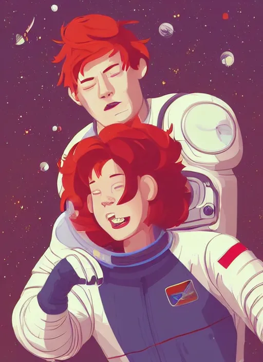Image similar to a handsome man with red hair floating in space. he is an astronaut, wearing a space suit. clean cel shaded vector art. shutterstock. behance hd by lois van baarle, artgerm, helen huang, by makoto shinkai and ilya kuvshinov, rossdraws, illustration, art by ilya kuvshinov