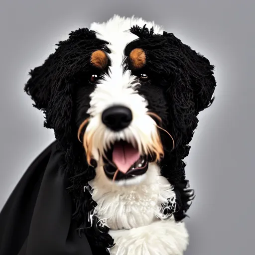 Image similar to a closeup photorealistic photograph of a cute smiling knitted bernedoodle judge dog dressed in a black gown, presiding over the courthouse. indoor image, professional capture, well lit shot. this 4 k hd image is trending on artstation, featured on behance, well - rendered, extra crisp, features intricate detail, epic composition and the style of unreal engine.