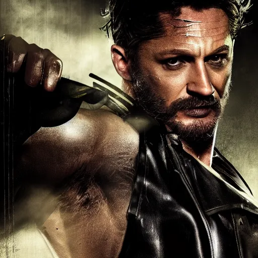 Image similar to Tom Hardy as wolverine in Black Damaged leather suit Digital art 4K quality