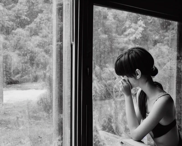 Prompt: an emo girl looking out of her window on a hot day, exhausted, view from inside