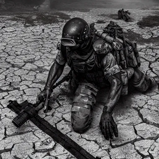 Prompt: Dying Mercenary Special Forces soldier in grey uniform with black armored vest crawling to shelter on a Greek Island 2020, combat photography by Feng Zhu, highly detailed, excellent composition, cinematic concept art, dramatic lighting, trending on ArtStation