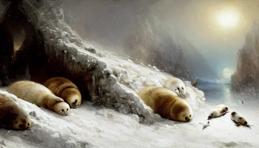 Image similar to highly detailed painting of cute furry white baby seals eating fish inside a snowy fantasy ice crystal cavern by william turner, by greg rutkowski, by william constable, thick brush strokes and visible paint layers, 4 k resolution