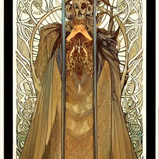 Prompt: a skeleton in a cloak, highly detailed, very intricate, art nouveau, gold filigree, tarot concept art watercolor illustration by mandy jurgens and alphonse mucha and alena aenami, featured on artstation