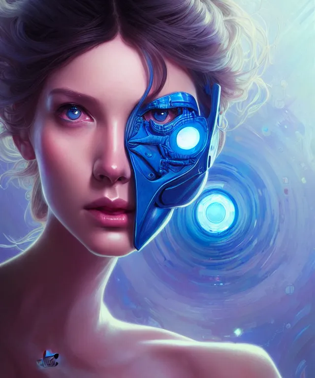 Image similar to Beautiful female android portrait, sci-fi, glowing blue eyes, face, blue and pink exoskeleton, fantasy, intricate, elegant, highly detailed, digital painting, artstation, concept art, smooth, sharp focus, illustration, art by artgerm and greg rutkowski and alphonse mucha