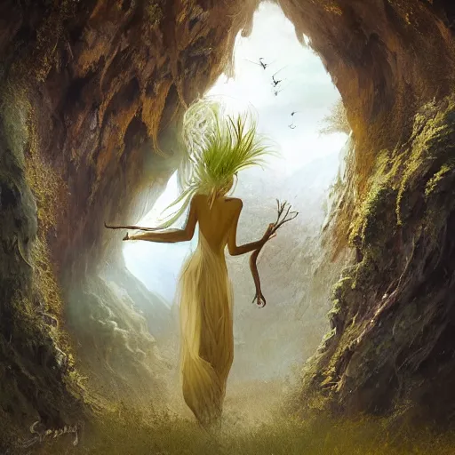 Image similar to beautiful banshee walks around Socotra among plants, flowers, trees and snags in a long transparent flowing dress and meets mystical animals, mystical insects, mystical birds, lizards, snakes, gorgeous, intricate, hypnotic dimensions, ruan jia, steve mccurry, Zdzislaw Beksinski style, sharp focus, intricate concept art, digital painting, ambient lighting, 4k, hdt, artstation trending on Gsociety, trending on ArtstationHQ, hyper quality, 16K