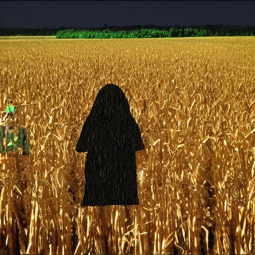 Image similar to found footage grainy photo of an alien creeping through a corn field