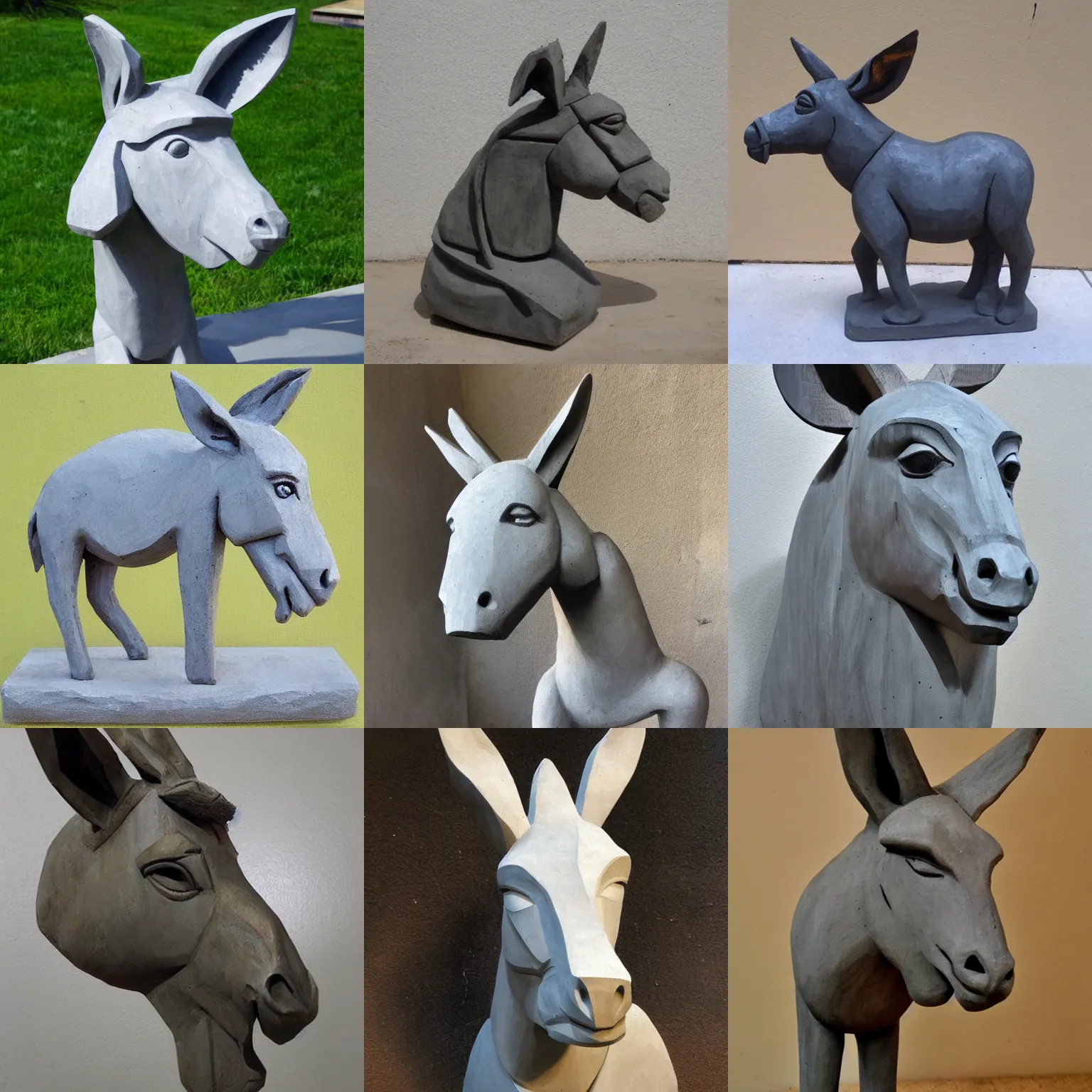 Prompt: donkey sculpture made of concrete. oil painting