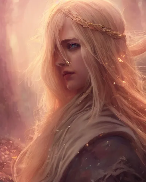 Prompt: cinematic side portrait blonde girl, adventurer outfit large cloak, fantasy forest landscape, dragon scales in hair, fantasy magic, long wavy blonde hair, dark light night, intricate, sharp focus, lens flare, bloom, rim light, illustration, highly detailed, digital painting, concept art, matte, art by ruan jia