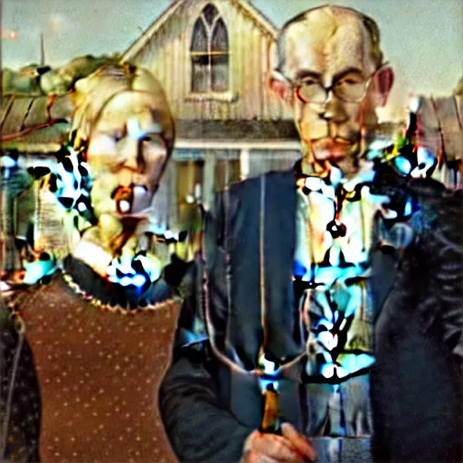 Prompt: An american gothic portrait of Benjamin Netanyahu grasping a pitchfork and Sara Netanyahu, by Grant Wood