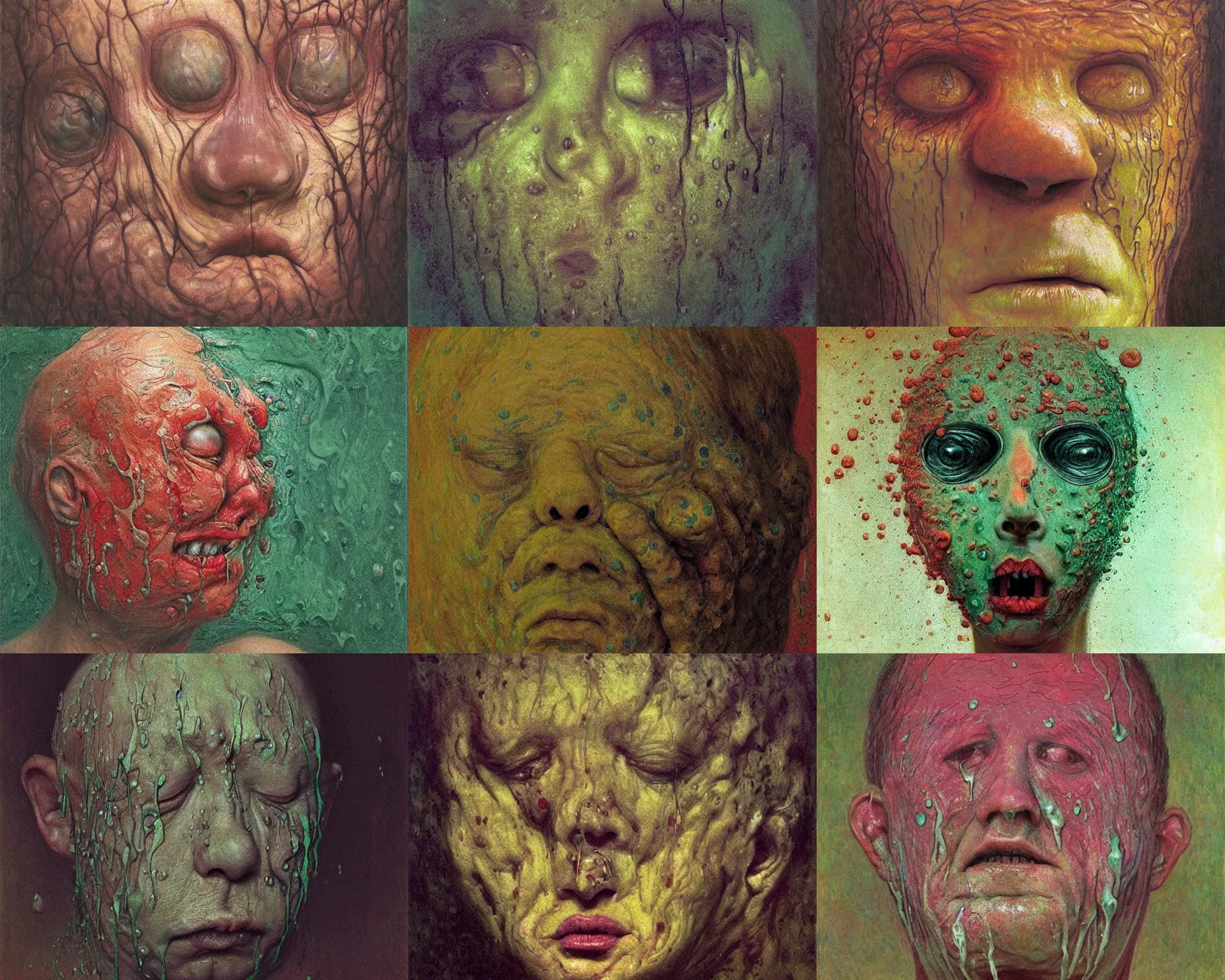 Prompt: portrait of a person melting collapsing. face made of blobs, slime, goop, melting and dripping. eerie, strange, stupid, ugly, cute. front camera selfie. zdislaw beksinski, impressionist painting, claude monet, melting wax