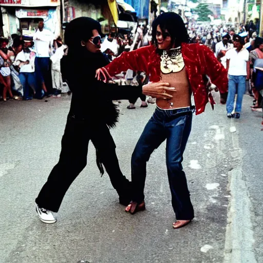 Prompt: Michael jackson dancing with a guy wearing a fursuite at the streets of pelorinho Brazil, 1997, they dont care about us