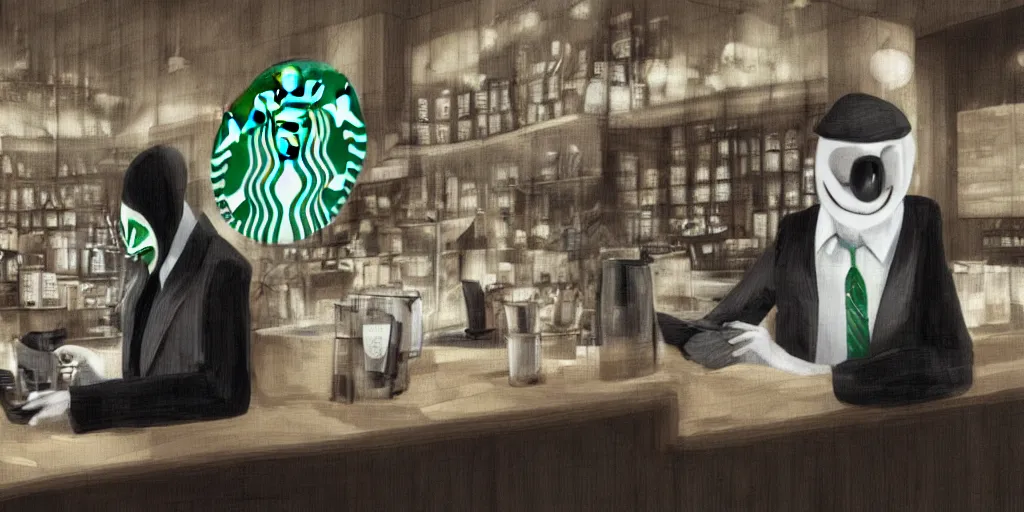 Image similar to slenderman working at starbucks, 4 k digital art