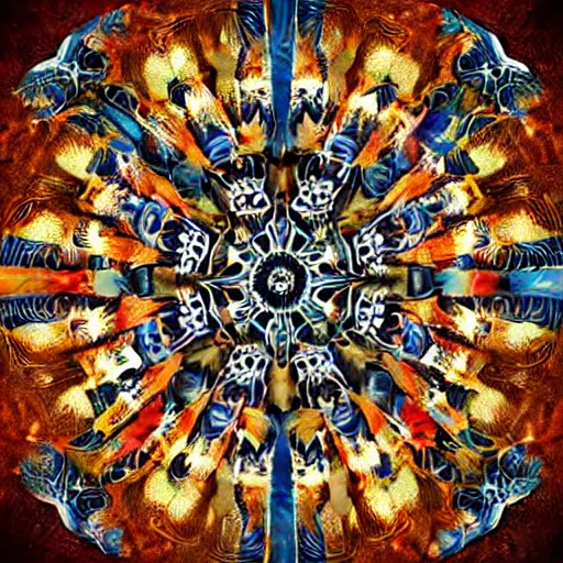 Image similar to symmetrical mandala pattern of machine guns, shotguns, rifles, revolvers, bullets, styled as a tattered paperback cover, ultra-realistic, intricate fluid details,