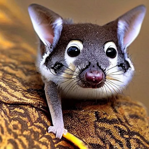 Image similar to Super cute animal combination of Sugar glider, Gecko, Sand cat, Bee hummingbird, Racoon dog, Pygmy hippopotamus , Leafy sea dragon, Elephant Shrew, Margay, Klipspringer, Fennec Fox, Tawny frogmouth, Tarsier, Quetzal and Star-nosed mole