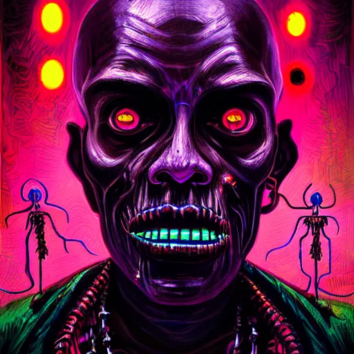 Image similar to a death tarot featuring a haitian voodoo priest with menacing eyes, blacklight neon colors, by anton semenov and android jones in cyberpunk voodoo style, oil on canvas, 8k