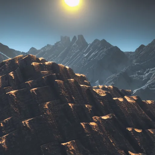 Prompt: a mountain made out of computer screens that display bitcoin logos, cinematic, post - apocalyptic landscape, unreal engine 5, harsh contrast lighting