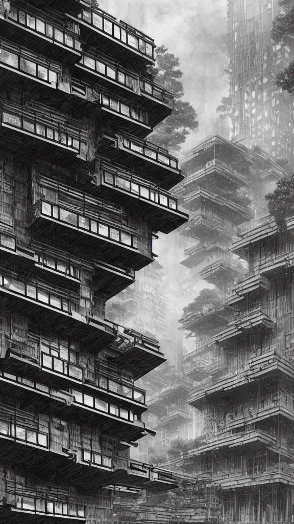 Prompt: historic photo in style of hokusai and piranesi. biopunk timber futuristic building in a urban setting. hyper realistic. cloudy morning. mossy buildings have deep tall balconies with plants, trees, and many figures in bright clothing. thin random columns, large windows, deep overhangs. greeble. 8 k, volumetric lighting.