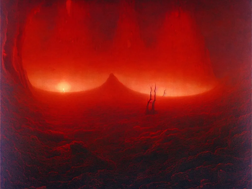 Image similar to an epic landscape painting of a nightmarish hellscape full of cosmic horrors, by zdzisław beksinski and greg rutkowski, horror, surreal, dark, vivid, red, blue, oil on canvas, epic, dramatic, cinematic