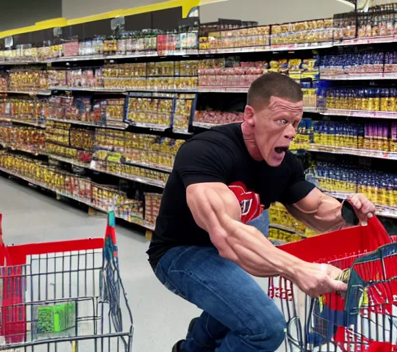 Image similar to a dramatic shot of John cena crying while shopping at HEB