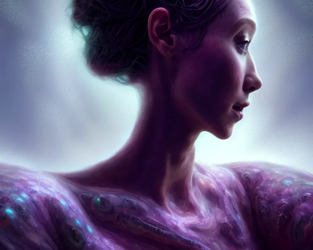 Prompt: lovecraft biopunk portrait of ballerina, fractal background, au naturel, hyper detailed, digital art, trending in artstation, cinematic lighting, studio quality, smooth render, unreal engine 5 rendered, octane rendered, art style by klimt and nixeu and ian sprigger and wlop and krenz cushart.