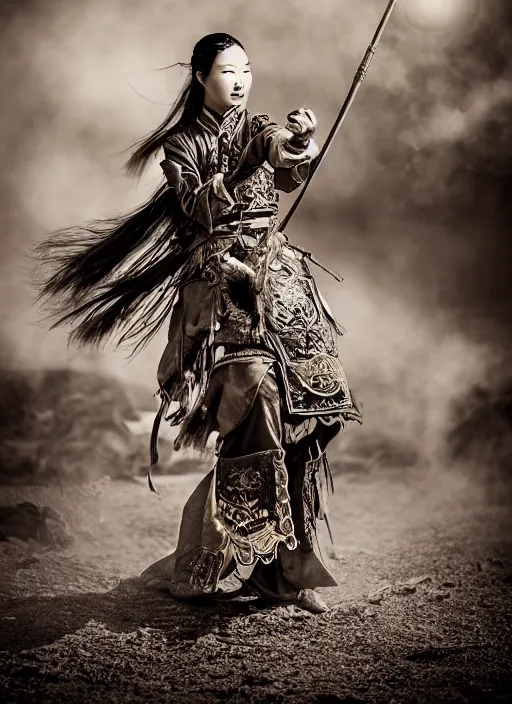 Prompt: old vintage photo of Chinese ancient warrior female on the complex steam punk hooverboard, extreme sports photography , dynamic photography, high speed,dirt and grawel flying in the spot, lens flares, dust in the air, moody lighting, intricate, elegant, highly detailed, centered, smooth, sharp focus, sports photography, old photo, black and white, sepia, cinematic lighting, cinematic angle, national geographic