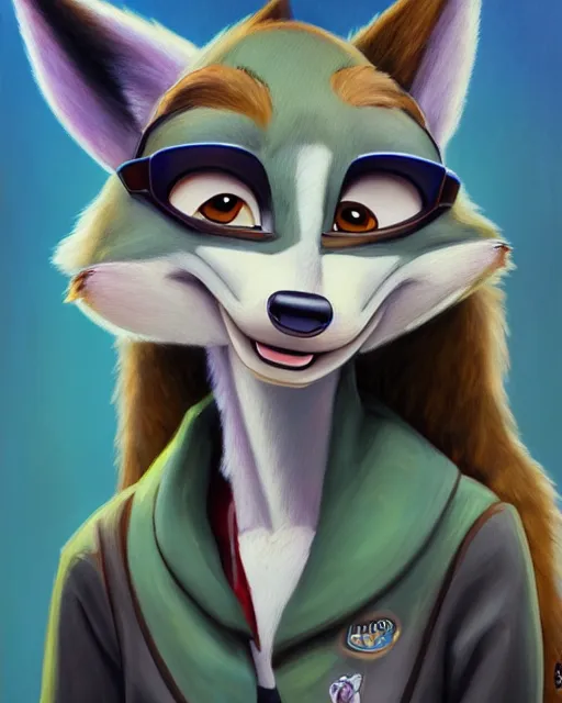 Prompt: oil painting of anthromorphic female wolf, in style of zootopia, zootopia, zootopia, fursona, furry, furaffinity, 4 k, deviantart, furry art, fursona art, wearing black business suit, business suit, in style of zootopia, wolf fursona, cyberpunk, female, very very very expressive detailed feminine face,