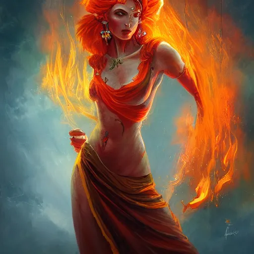 Image similar to A stunning painting of a flame goddess by Andrews Esao, fantasy, Trending on artstation.