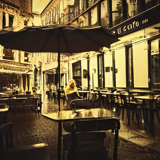 Image similar to sitting alone in a cafe in a rainy victorian city, 8k, ultrarealistic, ultra hd, gloomy, photorealistic, gorgeous lighting, award winning photo