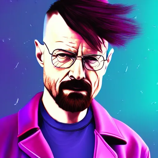 Prompt: walter white riding jesse pinkman, and a purple coloured leather jacket, one side haircut, long brown hair with light blue ends, portrait, hyperdetailed, artstation, cgsociety, synthwave by tangerine dream, by jean - michel jarre, by vangelis, by john carpenter