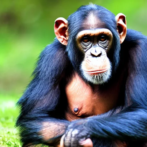 Prompt: chimpanzee looking curiously at a cyborg, hd photograph