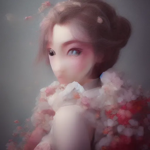 Image similar to the portrait of the absurdly beautiful, graceful, elegant, sophisticated, fashionable little girl made of strawberries and white petals looking down, an ultrafine hyperdetailed illustration by kim jung gi, irakli nadar, intricate linework, bright colors, octopath traveler, final fantasy, unreal engine 5 highly rendered, global illumination, radiant light, detailed and intricate environment