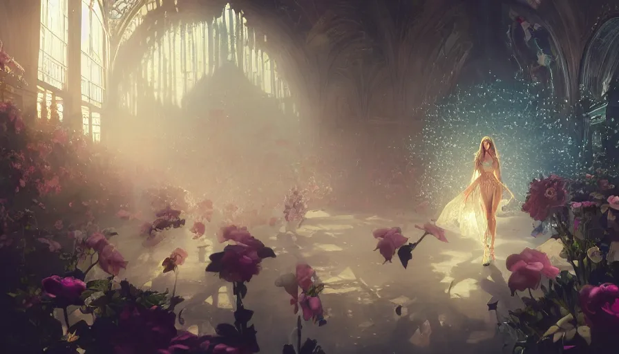 Image similar to victoria secret runway show, light, shadows, reflections, flowers, epic composition, intricate, elegant, volumetric lighting, digital painting, highly detailed, artstation, sharp focus, illustration, concept art, ruan jia, steve mccurry, artgerm and mina petrovic and timothy kong and marina federovna